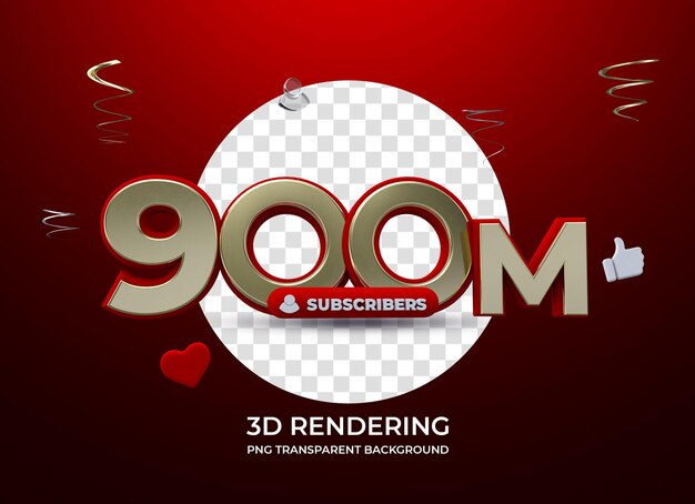 PSD celebration 900m subscribers 3d rendering isolated transparent background