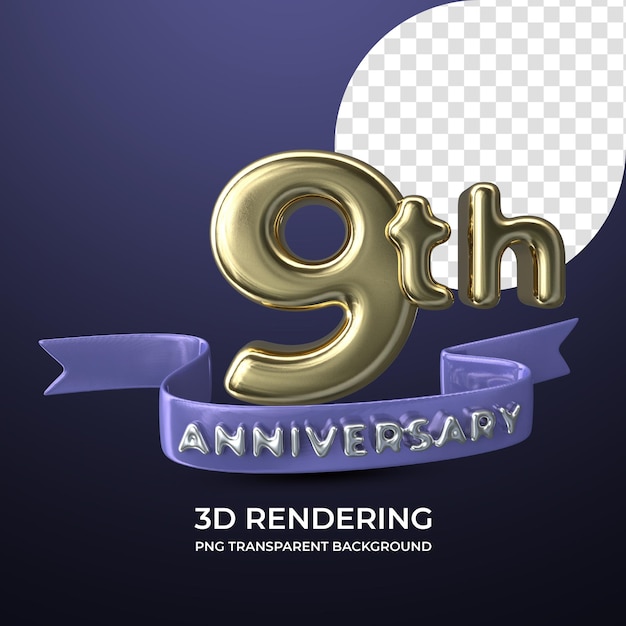 Celebration 9th anniversary 3d rendering isolated transparent background