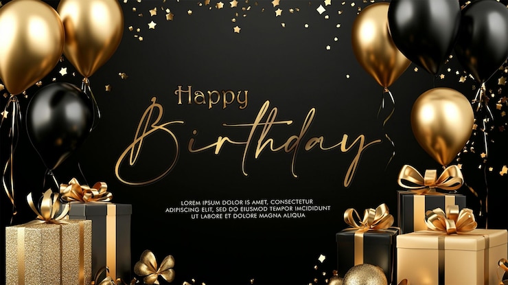 PSD celebration background with black gold balloons gifts and confetti