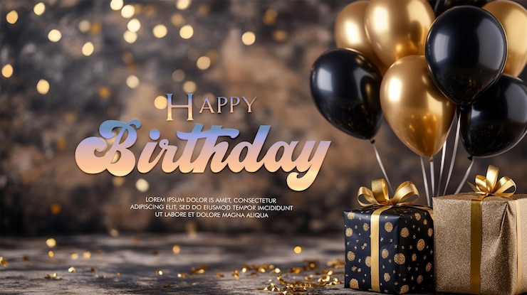 PSD celebration background with black gold balloons gifts and confetti
