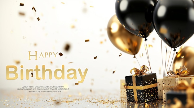 celebration background with black gold balloons gifts and confetti