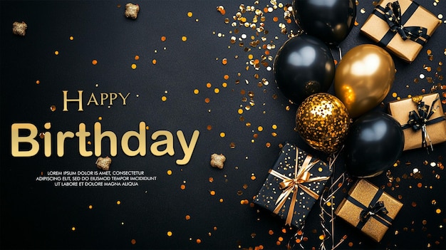 celebration background with black gold balloons gifts and confetti