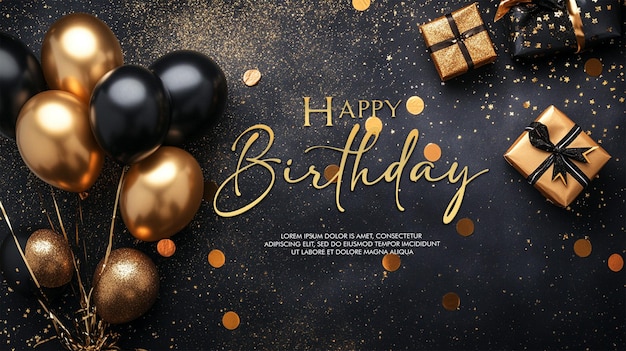 celebration background with black gold balloons gifts and confetti