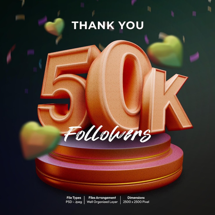 PSD celebration banner for 50 k followers with textured lettering style
