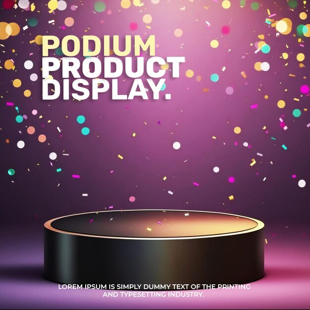 PSD celebration podium stage display mockup for product presentation scene confetti and ribbons 3d