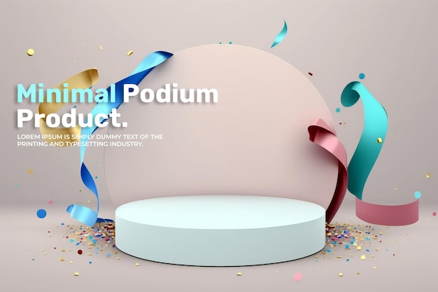 Celebration podium stage display mockup for product presentation scene confetti and ribbons 3d