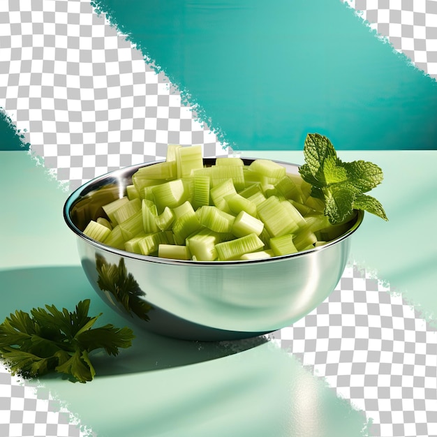 Celery chopped and placed in a steel bowl on a transparent background