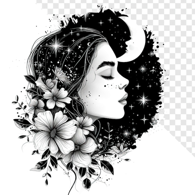 PSD celestial boho woman line art con elementi floreali su sfondo trasparente