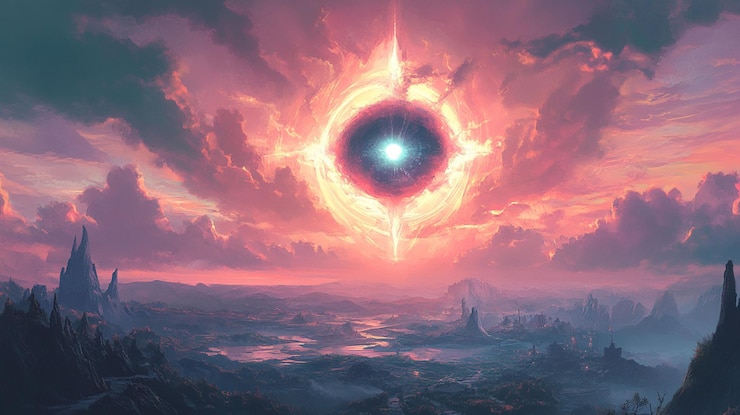 PSD celestial eye glowing in vibrant sunset sky over fantasy landscape