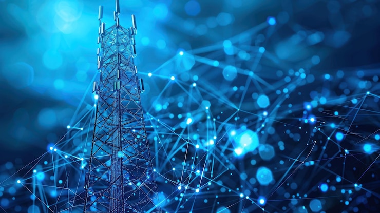PSD a cell phone tower stands tall against a backdrop of a blue and white abstract network of lines and dots