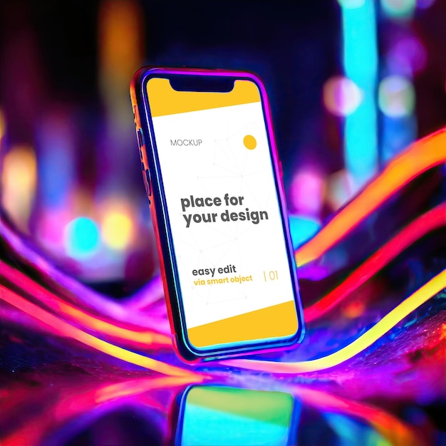 PSD cellphone floating with light color effects mockup 06 generative ai