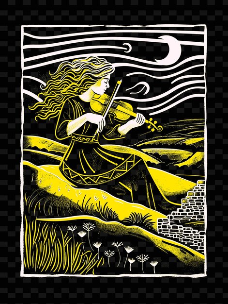 PSD celtic fiddler suona in un prato verde con rolling hills vector illustration idea poster musicale