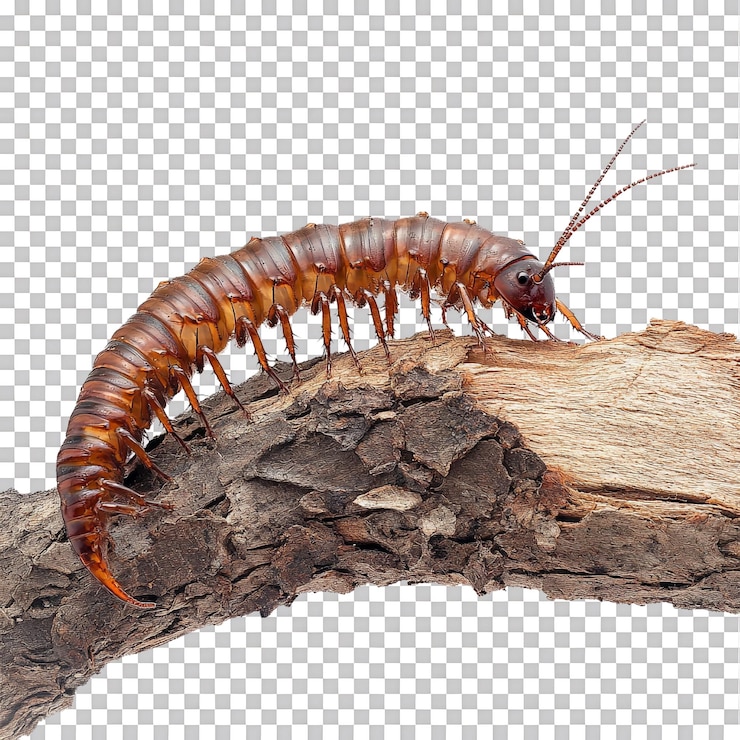 PSD centipede crawling over a log against transparent background for educational content nature studies or insect related illustrations