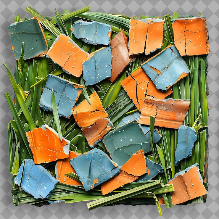 PSD centipede oaklawn with terracotta and blue pottery shards an isolated green grass texture designs