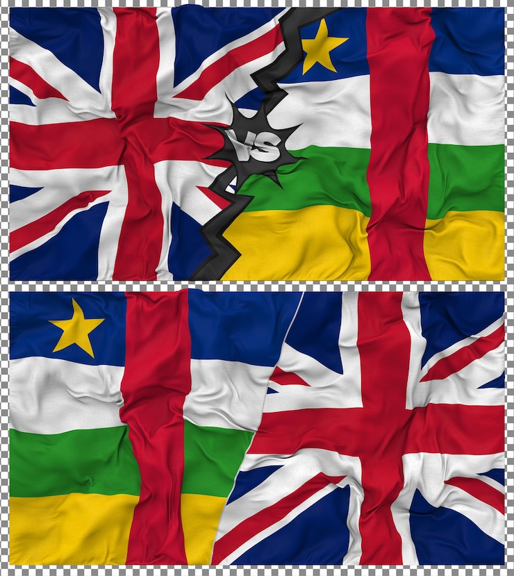 PSD centraal-afrikaanse republiek versus verenigd koninkrijk half combined flag cloth bump texture 3d rendering
