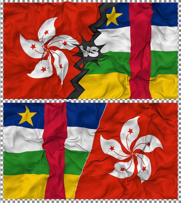 PSD central african republic vs hong kong half combined flag cloth bump texture 3d rendering