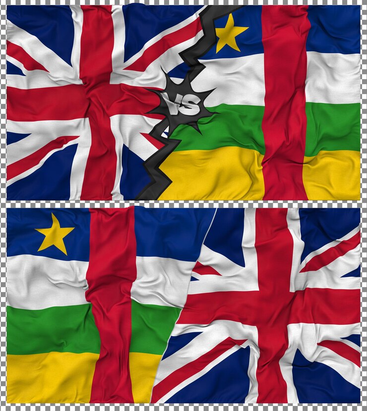 PSD central african republic vs united kingdom half combined flag cloth bump texture 3d rendering