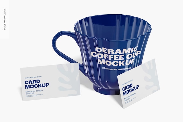 PSD ceramic coffee cup with cards mockup