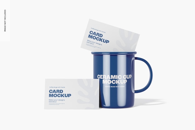 PSD ceramic cup with cards mockup, front view