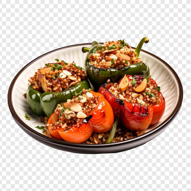 PSD ceramic dish with quinoastuffed bell peppers isolated on transparent background