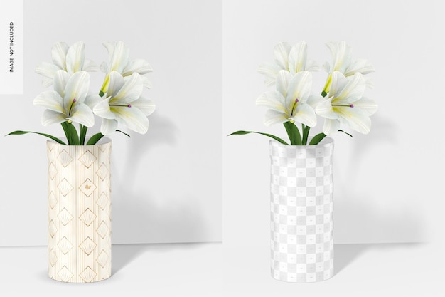 Mockup di vaso di fiori in ceramica, vista da sinistra