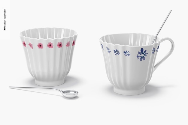 PSD ceramic tea cups mockup, perspective