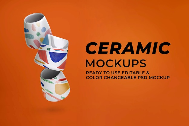 Mockup di tazze da tè in ceramica psd in decorazioni per la casa con motivi astratti