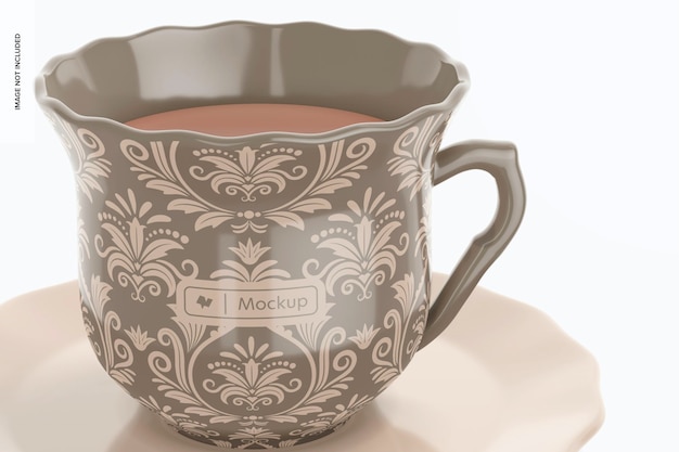 Ceramic tea mug and plate mockup, close up