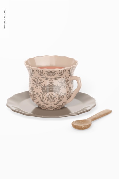 Ceramic Tea Mug and Plate Mockup, Front View