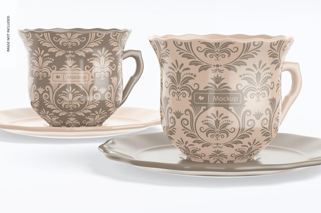 Ceramic Tea Mugs and Plates Mockup