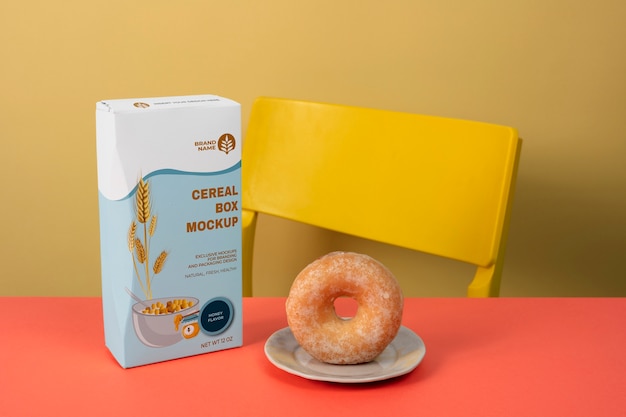 PSD cereal box and doughnut on plate arrangement