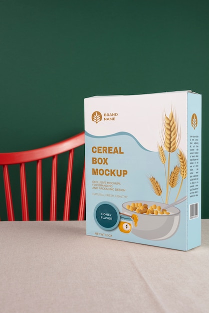 PSD cereal box on table mockup