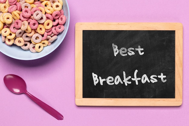 PSD cereals beside chalkboard on table