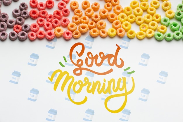 Cereals spread on table with good morning message