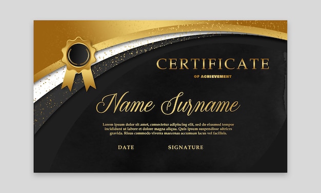 PSD certificate of achievement template with gold and black design