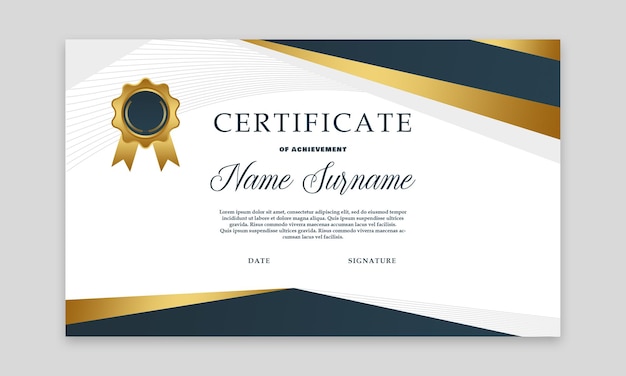 PSD certificate of achievement template with gold and navy blue design