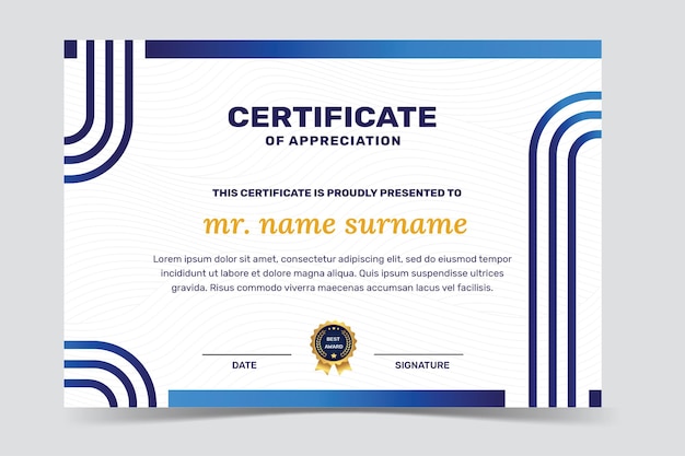 certificate of appreciation template psd with blue color modern line