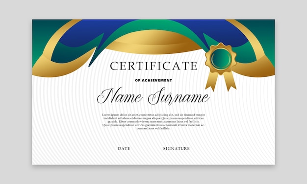 PSD Шаблон сертификата о достижении с зелеными и золотыми границами