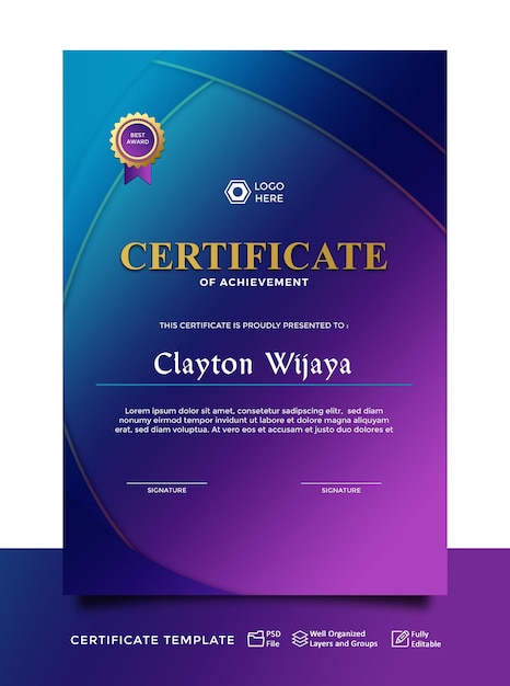 Certificate technology template design or digital certificate purple and blue modern portrait