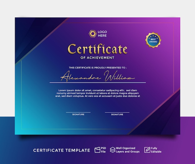 PSD Дизайн шаблона технологии сертификата или цифровой сертификат фиолетовый и синий современный пейзаж 1