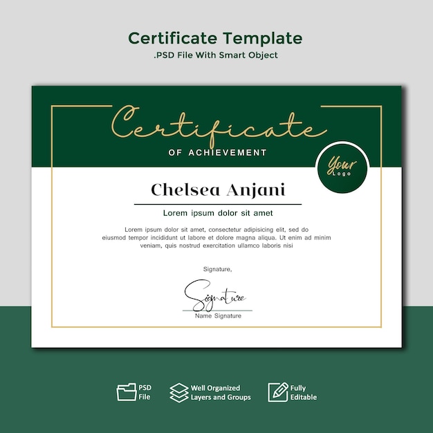 PSD certificate template green modern simple elegant
