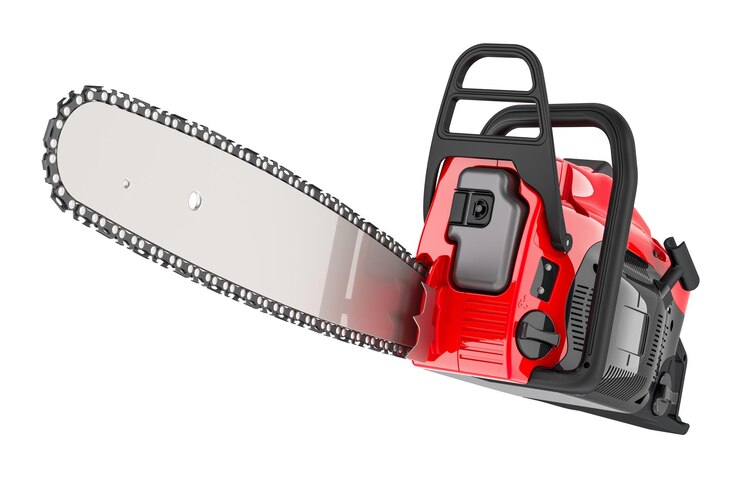 PSD chainsaw red color 3d rendering isolated on transparent background