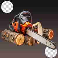 PSD chainsaw that stands on a heap of firewood in the yard on transparent background