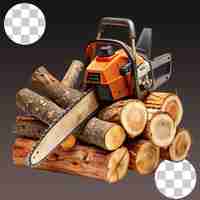 PSD chainsaw that stands on a heap of firewood in the yard on transparent background