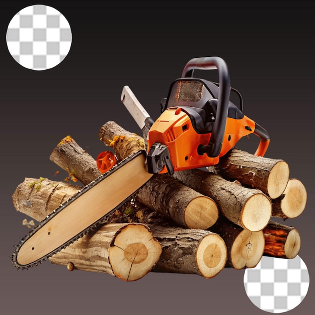 PSD chainsaw that stands on a heap of firewood in the yard on transparent background