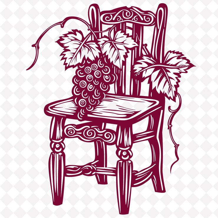 PSD a chair with a grapes on it and a wine bottle on the back