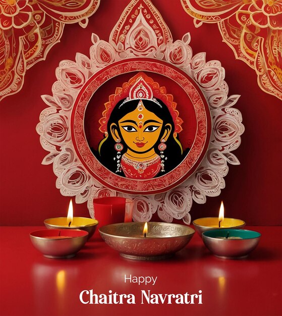 PSD chaitra navratri concetto dea durga forma del viso vista all'interno della decorazione del mandala su sfondo rosso