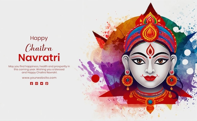 Chaitra navratri concept goddess durga face view with colors decoration on white background