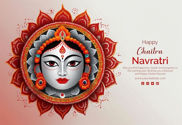 Концепция chaitra navratri богиня дурга лицо с мандалой дизайна украшения на белом фоне