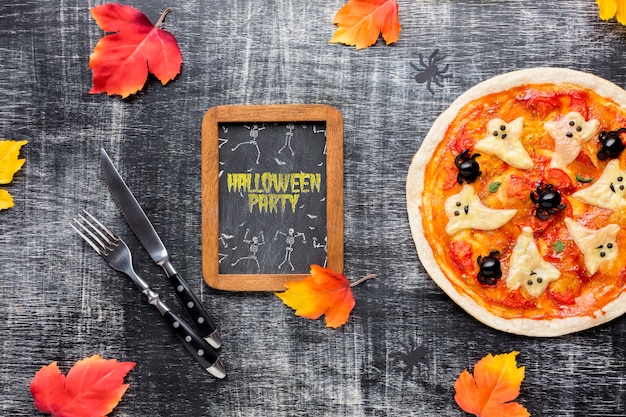 chalk board for halloween with pizza